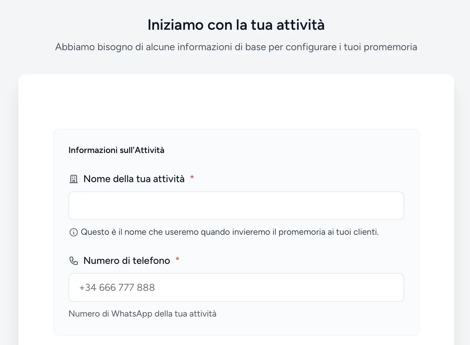 Configurazione delle informazioni dell'attività in RicordamiApp