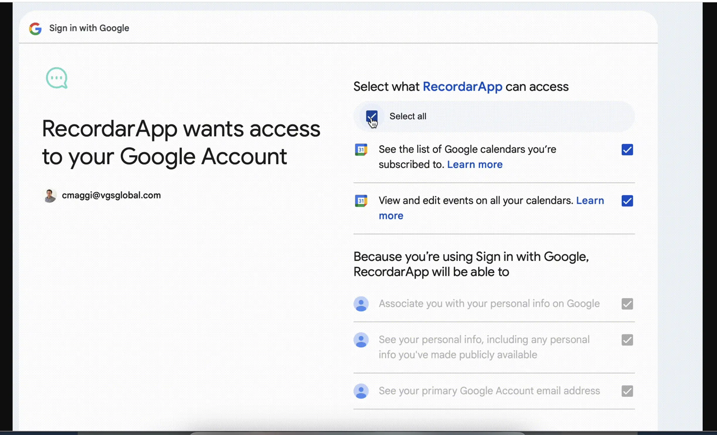 Autorizzare l'accesso a Google Calendar