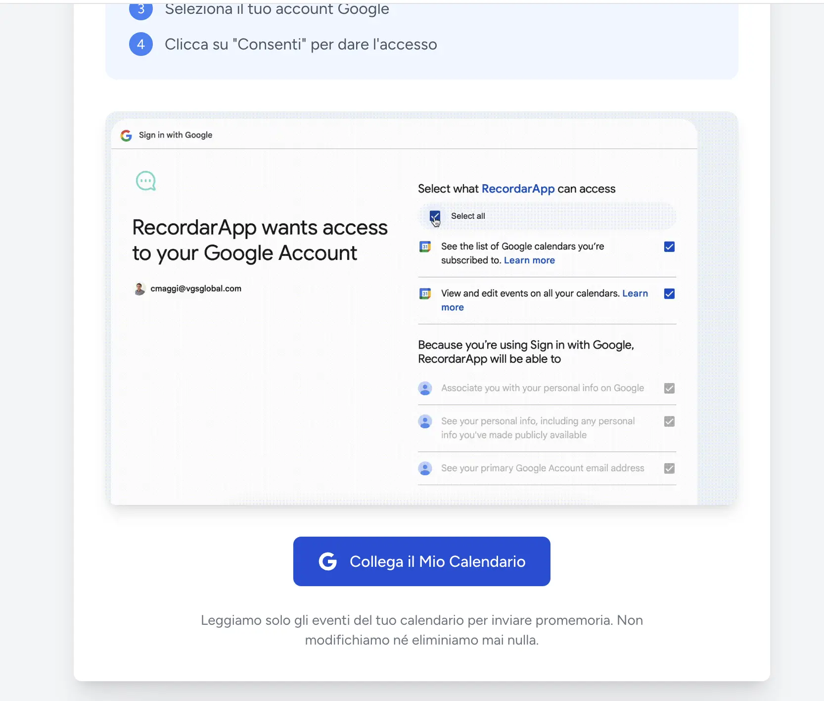 Collegare Google Calendar a RicordamiApp